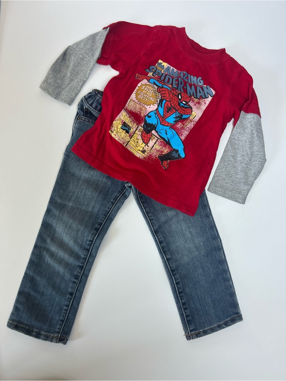 Marvel Spider-Man Shirt & Children’s Place Straight Leg Jeans Outfit Set 4T